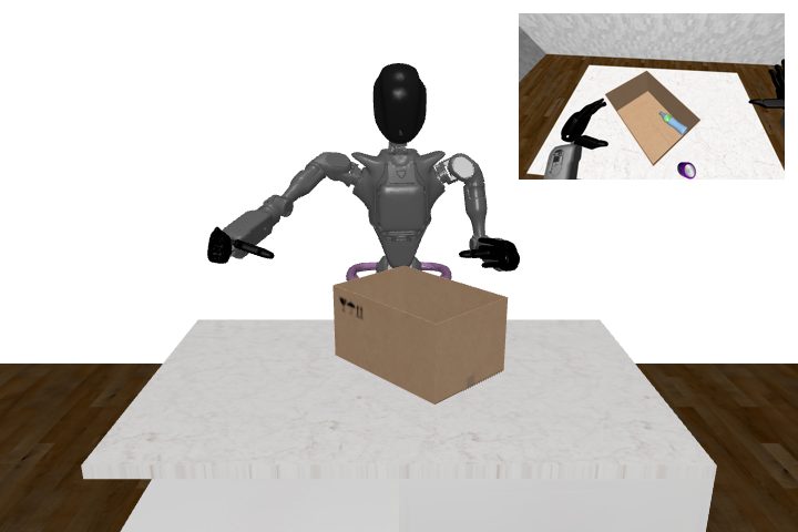 Fourier GR-1 after placing a water bottle into a cardboard box in simulation